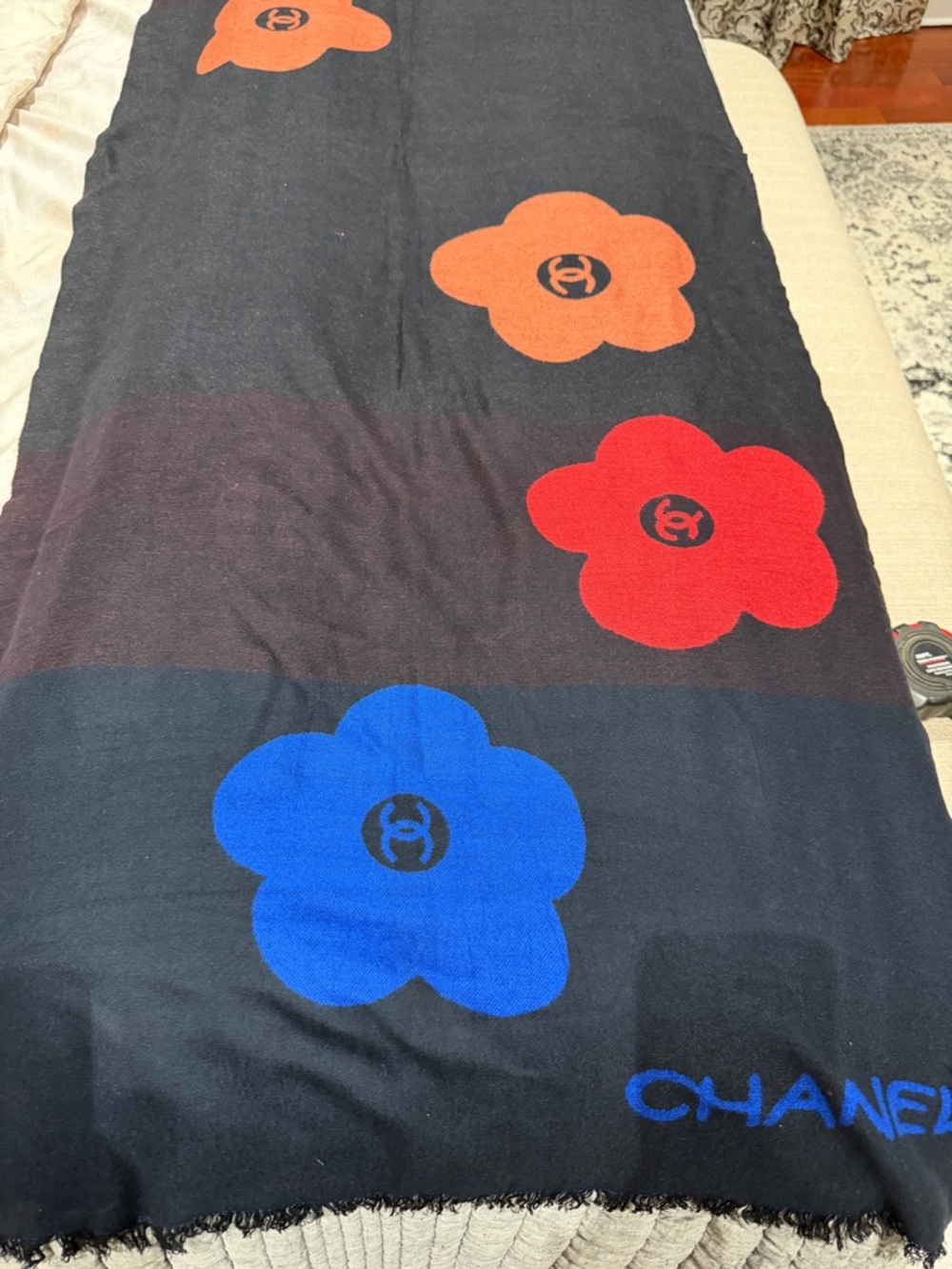 Black reversible Scarf with Blue, Red, Orange Flower Motifs